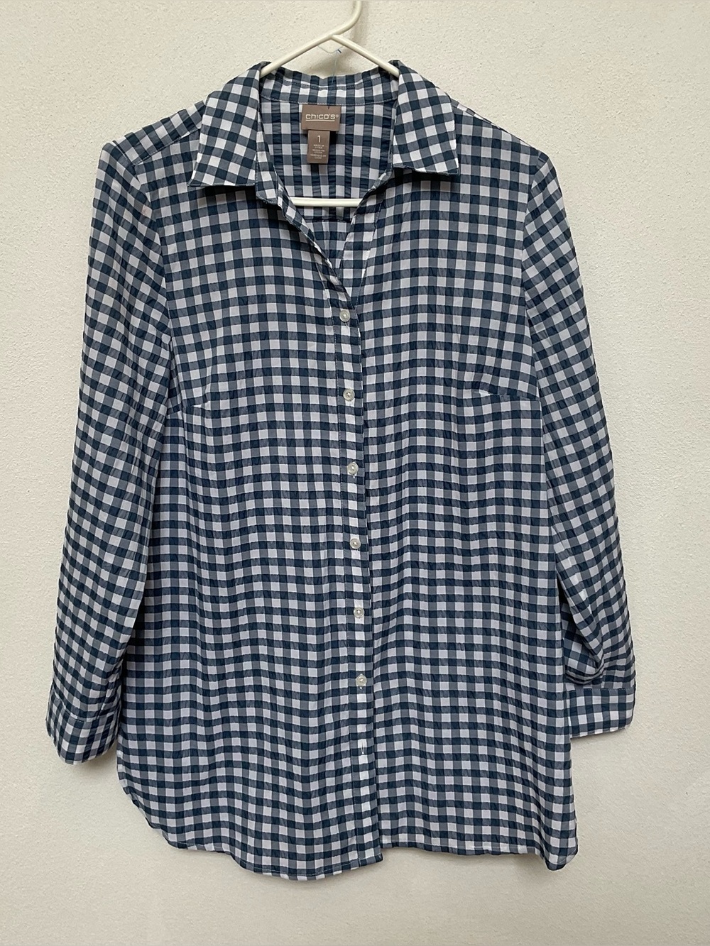 Chico's Blue, White Gingham Long Sleeve Button Down Top Size 1 US Medium/8